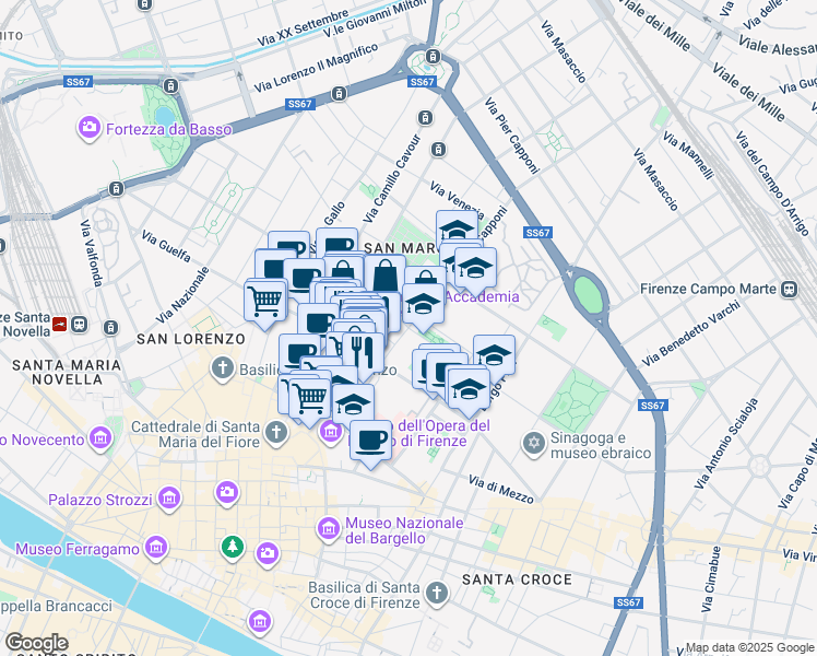 map of restaurants, bars, coffee shops, grocery stores, and more near 7 Piazza della Santissima Annunziata in Firenze