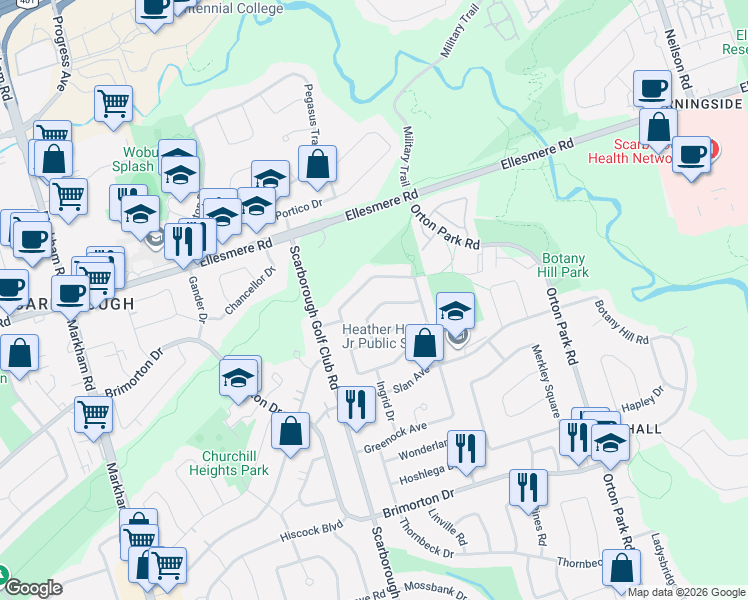 map of restaurants, bars, coffee shops, grocery stores, and more near 22 Frolick Crescent in Toronto