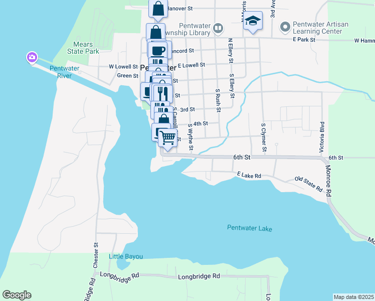 map of restaurants, bars, coffee shops, grocery stores, and more near 240 6th Street in Pentwater
