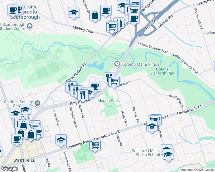 map of restaurants, bars, coffee shops, grocery stores, and more near Kingston Rd & Beechgrove Dr in Toronto
