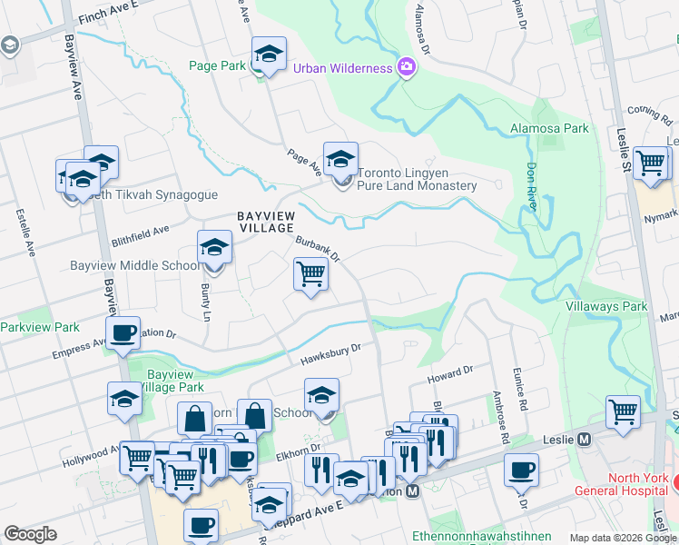 map of restaurants, bars, coffee shops, grocery stores, and more near 100 Burbank Drive in Toronto