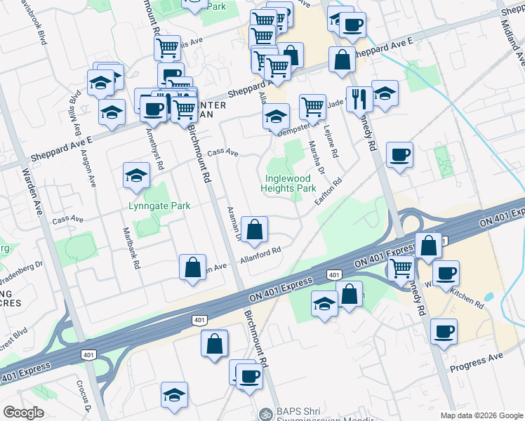 map of restaurants, bars, coffee shops, grocery stores, and more near 21 Earlton Road in Toronto