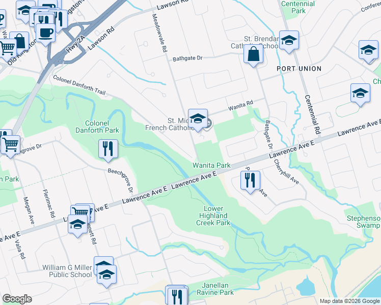 map of restaurants, bars, coffee shops, grocery stores, and more near 151 Colonel Danforth Trail in Toronto