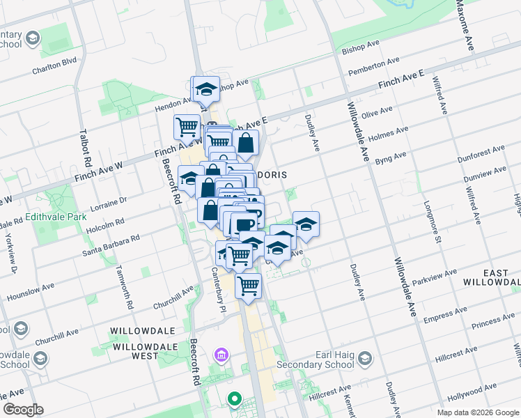 map of restaurants, bars, coffee shops, grocery stores, and more near 18 Sommerset Way in Toronto