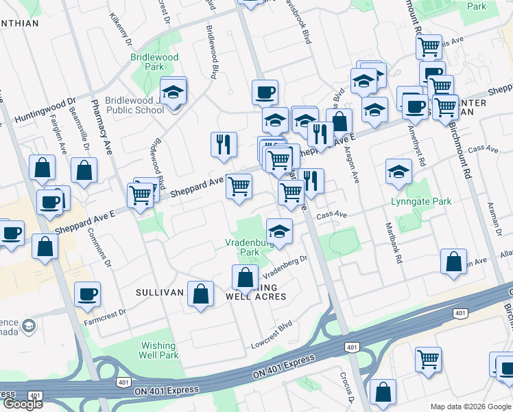 map of restaurants, bars, coffee shops, grocery stores, and more near 160 Palmdale Drive in Toronto