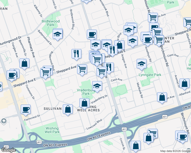 map of restaurants, bars, coffee shops, grocery stores, and more near 125 Palmdale Drive in Toronto