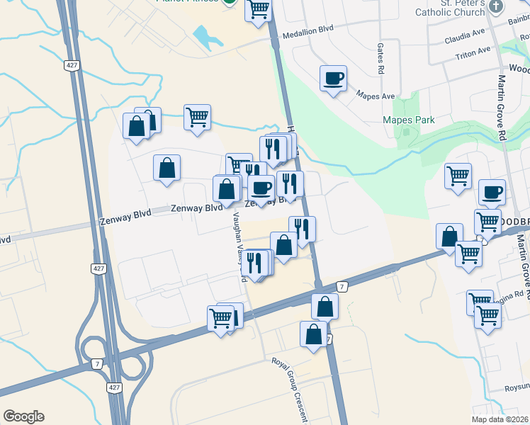 map of restaurants, bars, coffee shops, grocery stores, and more near 81 Zenway Boulevard in Vaughan
