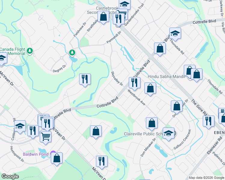 map of restaurants, bars, coffee shops, grocery stores, and more near 17 Riverplace Crescent in Brampton