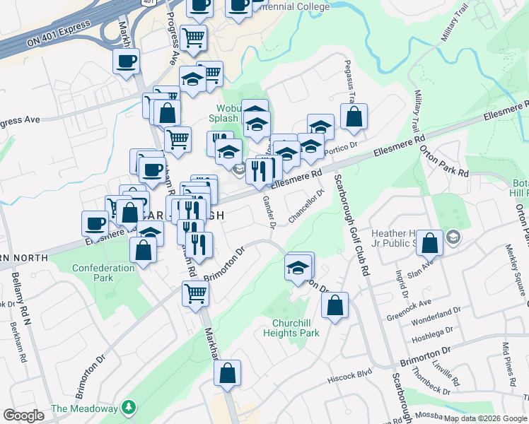map of restaurants, bars, coffee shops, grocery stores, and more near 22 Gander Drive in Toronto