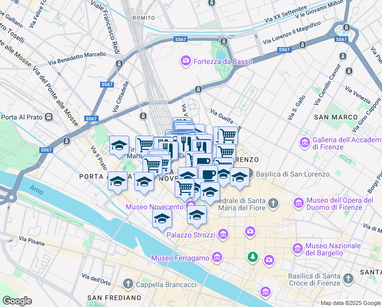 map of restaurants, bars, coffee shops, grocery stores, and more near 14/25 Piazza della Stazione in Firenze