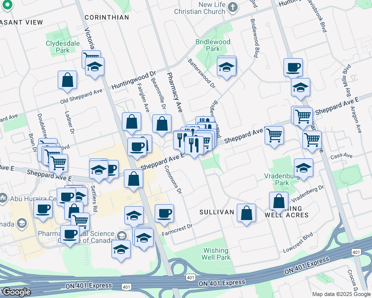 map of restaurants, bars, coffee shops, grocery stores, and more near 2992 Sheppard Avenue East in Toronto