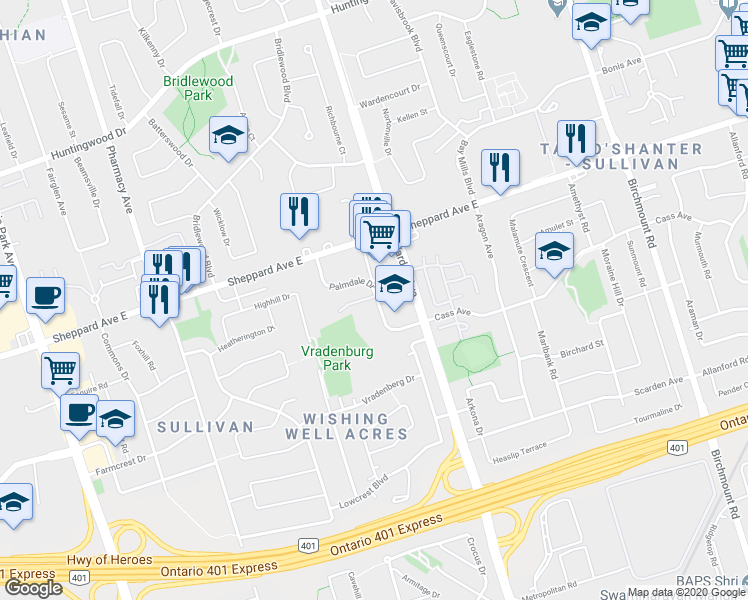 map of restaurants, bars, coffee shops, grocery stores, and more near 125 Palmdale Drive in Toronto