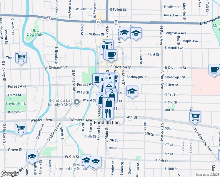 map of restaurants, bars, coffee shops, grocery stores, and more near 16 East 1st Street in Fond du Lac