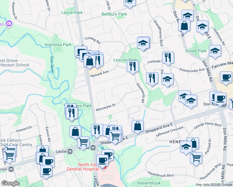 map of restaurants, bars, coffee shops, grocery stores, and more near 9 Clareville Crescent in Toronto