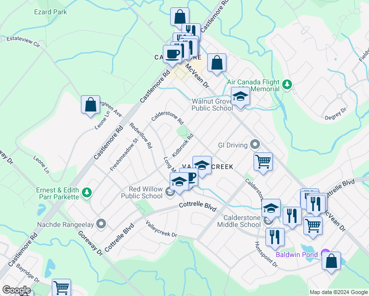 map of restaurants, bars, coffee shops, grocery stores, and more near 31 Kidbrook Road in Brampton