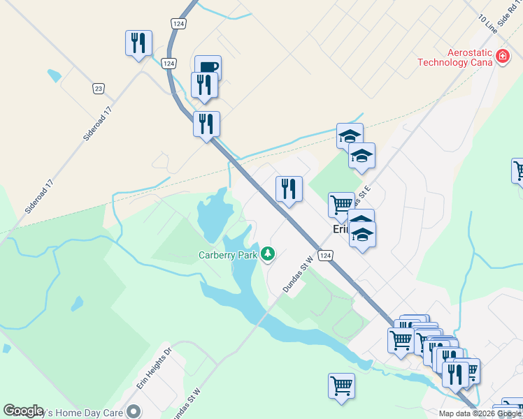 map of restaurants, bars, coffee shops, grocery stores, and more near 3 Sunnyside Drive in Erin