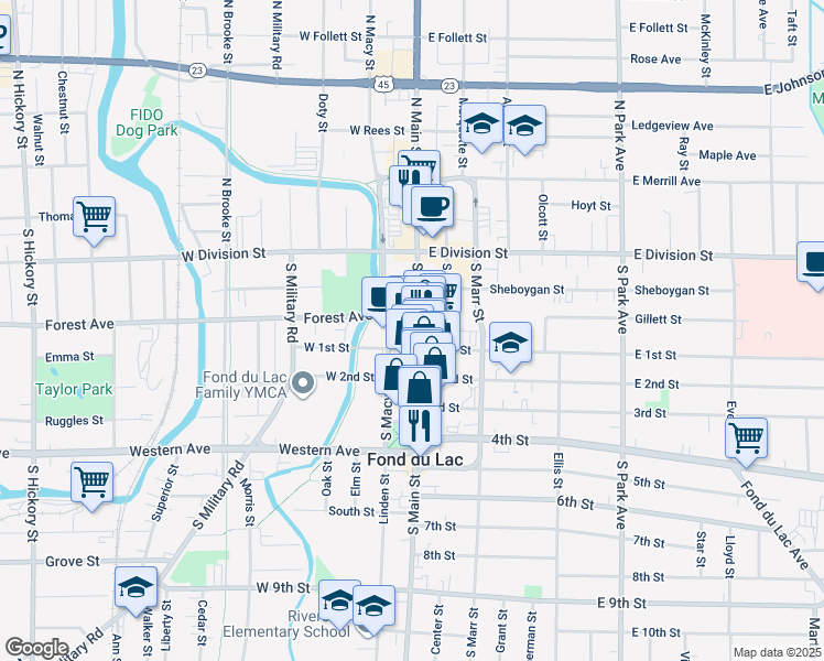 map of restaurants, bars, coffee shops, grocery stores, and more near 104 South Main Street in Fond du Lac