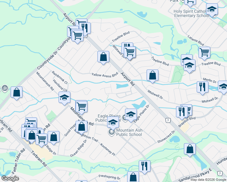 map of restaurants, bars, coffee shops, grocery stores, and more near 7 Bamboo Grove in Brampton