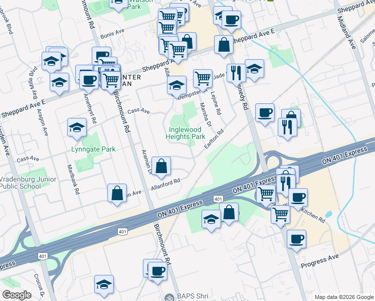 map of restaurants, bars, coffee shops, grocery stores, and more near 84 Allanford Road in Toronto
