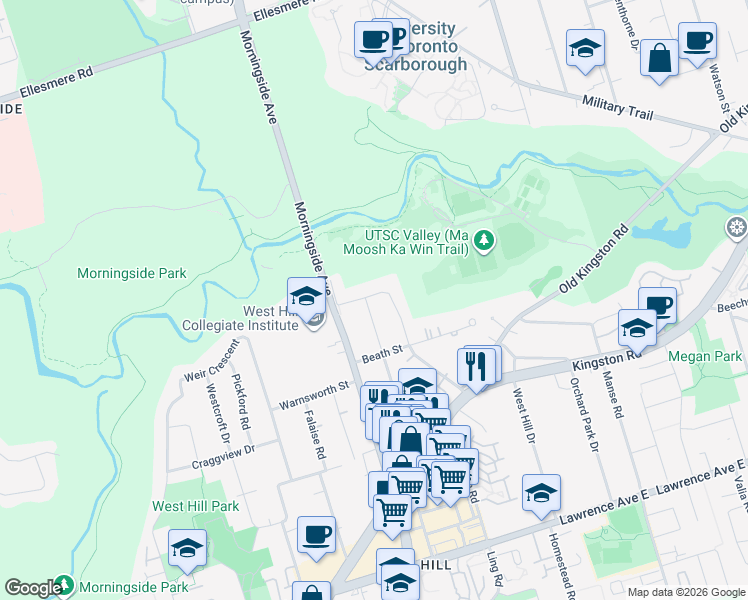 map of restaurants, bars, coffee shops, grocery stores, and more near 55 Amiens Road in Toronto