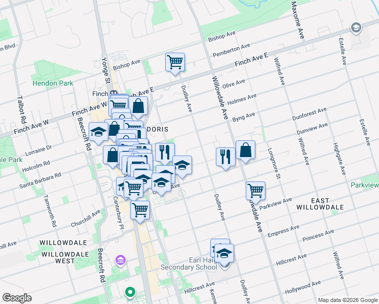 map of restaurants, bars, coffee shops, grocery stores, and more near 56 Logandale Road in Toronto