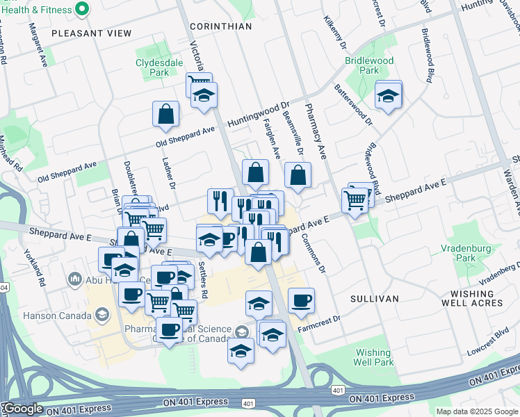 map of restaurants, bars, coffee shops, grocery stores, and more near in Toronto