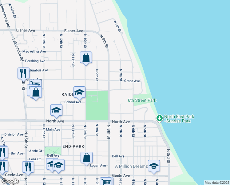 map of restaurants, bars, coffee shops, grocery stores, and more near 2819 North 8th Street in Sheboygan