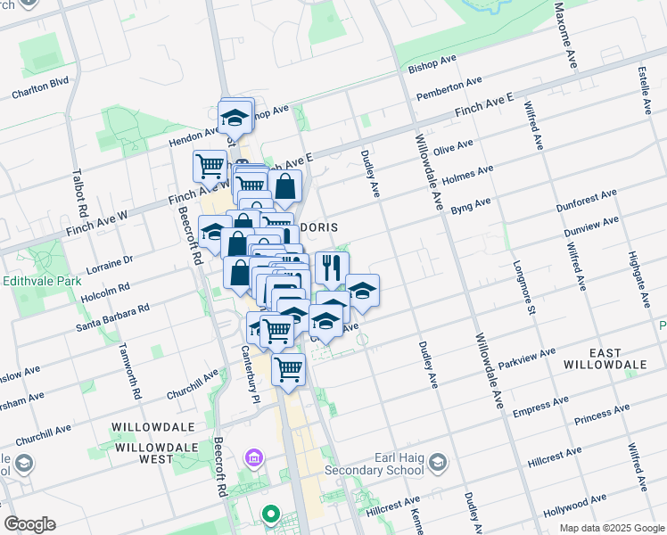 map of restaurants, bars, coffee shops, grocery stores, and more near 11 Sommerset Way in Toronto