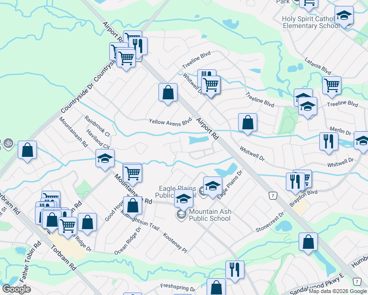 map of restaurants, bars, coffee shops, grocery stores, and more near 7 Bamboo Grove in Brampton