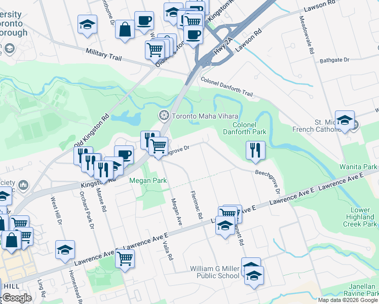 map of restaurants, bars, coffee shops, grocery stores, and more near 366 Beechgrove Drive in Toronto