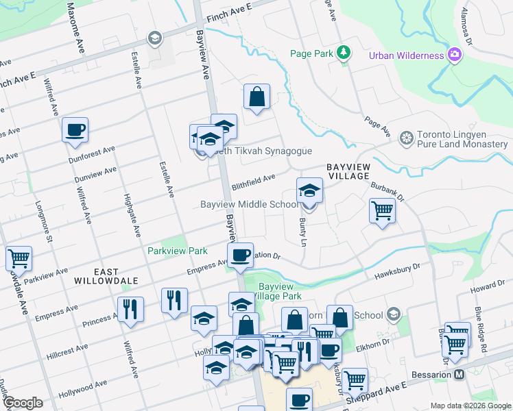 map of restaurants, bars, coffee shops, grocery stores, and more near 31 Whitelock Crescent in Toronto