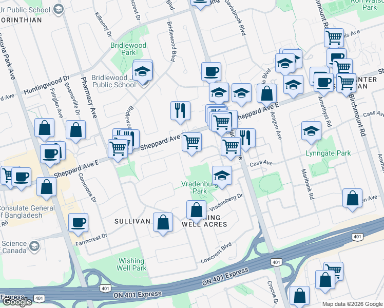 map of restaurants, bars, coffee shops, grocery stores, and more near 270 Palmdale Drive in Toronto