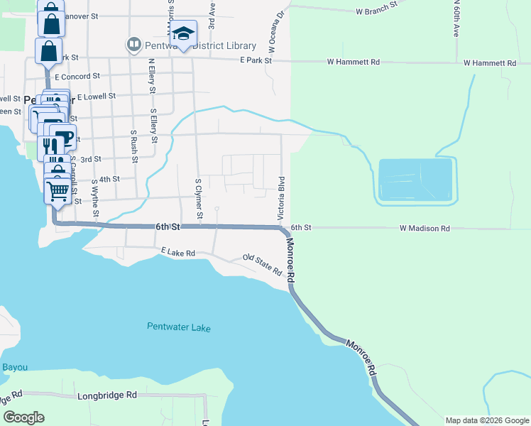 map of restaurants, bars, coffee shops, grocery stores, and more near 1010 6th Street in Pentwater