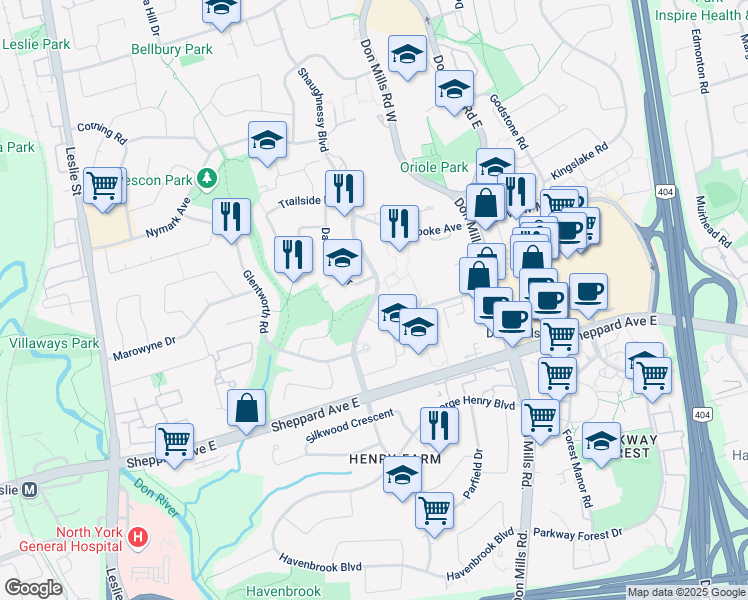 map of restaurants, bars, coffee shops, grocery stores, and more near Shaughnessy Boulevard in Toronto