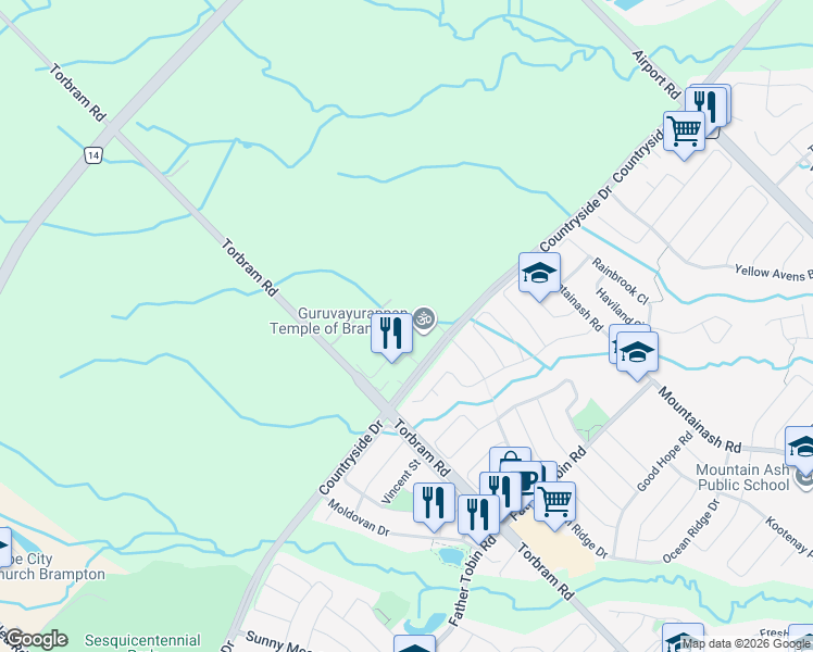 map of restaurants, bars, coffee shops, grocery stores, and more near 11223 Torbram Road in Brampton