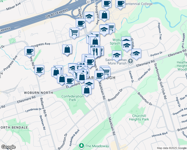 map of restaurants, bars, coffee shops, grocery stores, and more near in Toronto