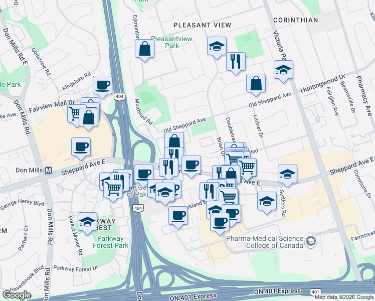 map of restaurants, bars, coffee shops, grocery stores, and more near in Toronto