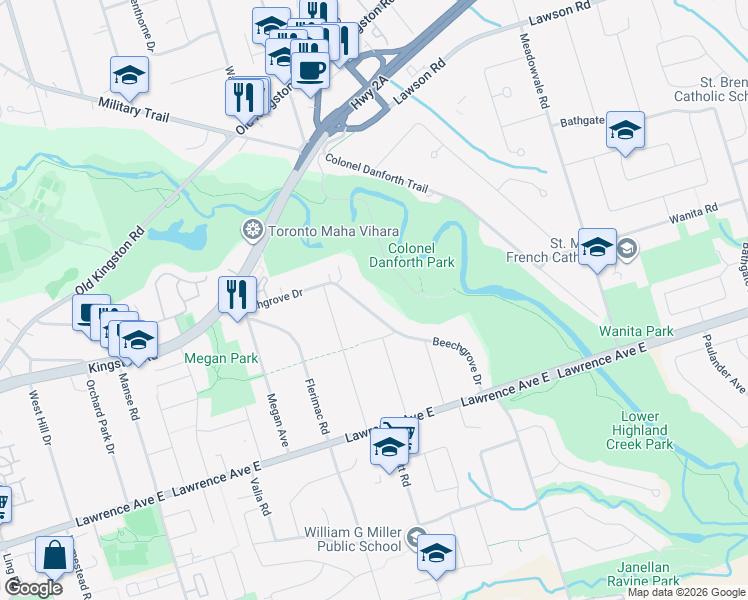 map of restaurants, bars, coffee shops, grocery stores, and more near 327A Beechgrove Drive in Toronto