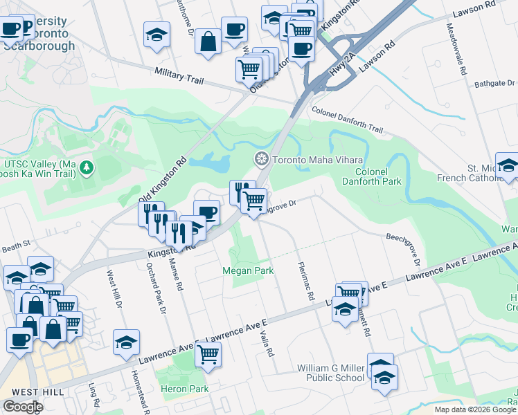 map of restaurants, bars, coffee shops, grocery stores, and more near 4695 Kingston Road in Toronto