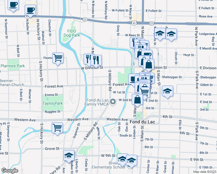 map of restaurants, bars, coffee shops, grocery stores, and more near 130 Forest Avenue in Fond du Lac