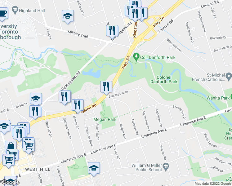 map of restaurants, bars, coffee shops, grocery stores, and more near 4715 Kingston Road in Toronto