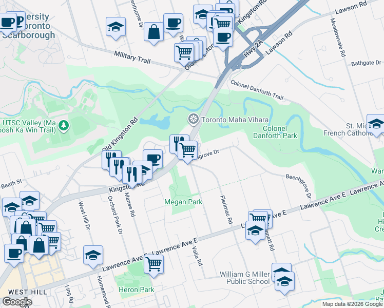 map of restaurants, bars, coffee shops, grocery stores, and more near 395 Beechgrove Drive in Toronto