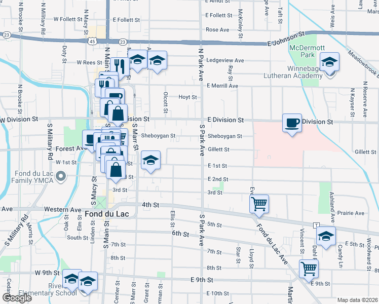 map of restaurants, bars, coffee shops, grocery stores, and more near 176 Gillett Street in Fond du Lac