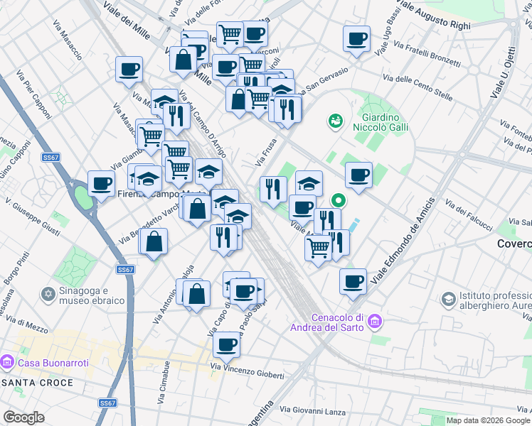 map of restaurants, bars, coffee shops, grocery stores, and more near 84 Via del Campo D'Arrigo in Firenze