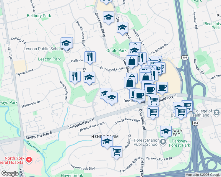 map of restaurants, bars, coffee shops, grocery stores, and more near 10 Leith Hill Road in Toronto