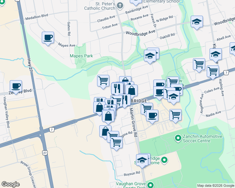 map of restaurants, bars, coffee shops, grocery stores, and more near 17 Amalfi Court in Vaughan