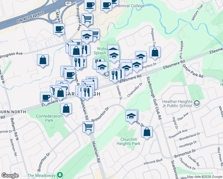 map of restaurants, bars, coffee shops, grocery stores, and more near 62 Clementine Square in Toronto