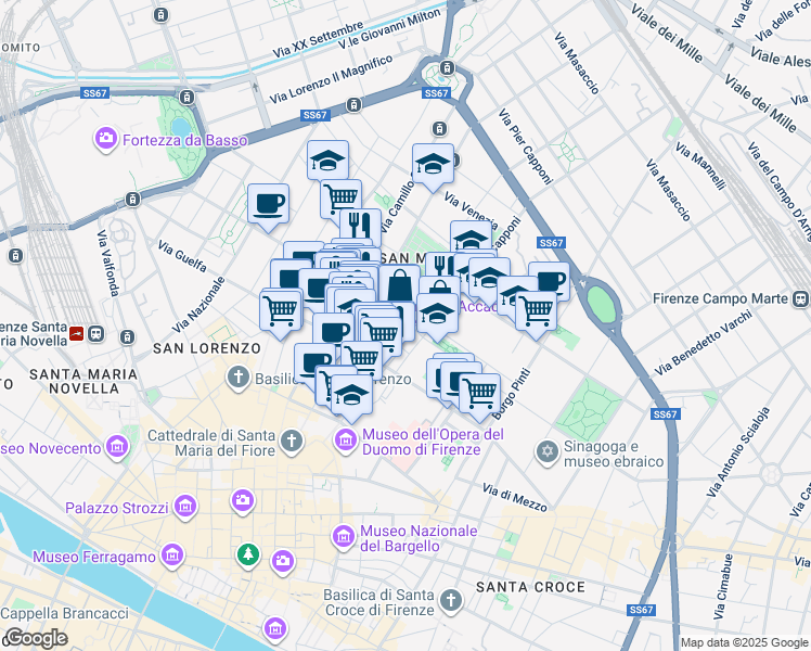 map of restaurants, bars, coffee shops, grocery stores, and more near 7 Piazza della Santissima Annunziata in Firenze