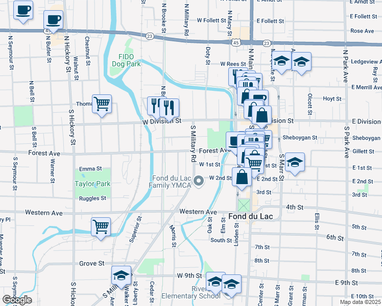 map of restaurants, bars, coffee shops, grocery stores, and more near 42 South Military Road in Fond du Lac