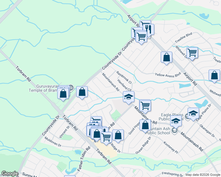 map of restaurants, bars, coffee shops, grocery stores, and more near 3 Powell Drive in Brampton